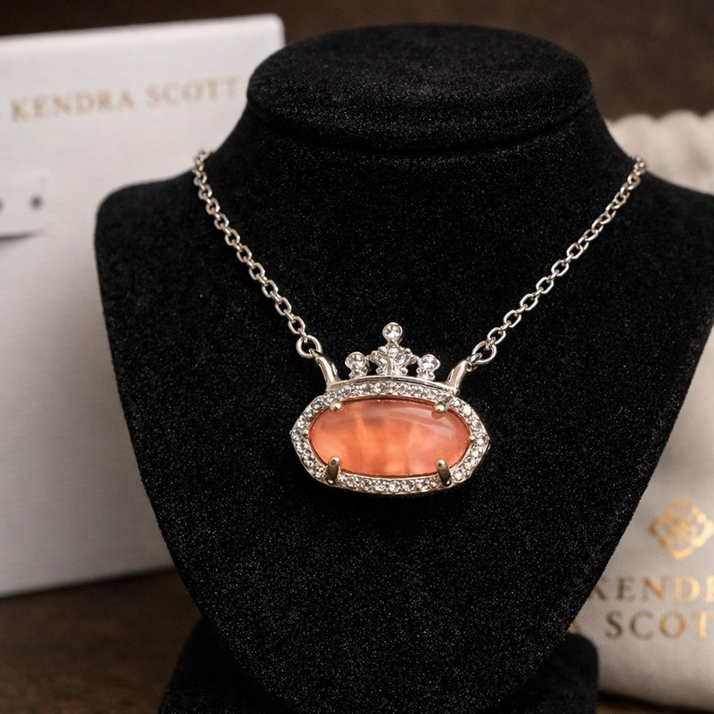 Kendra Scott x Disney Elisa Princess Silver Pendant Necklace Peach MOP New